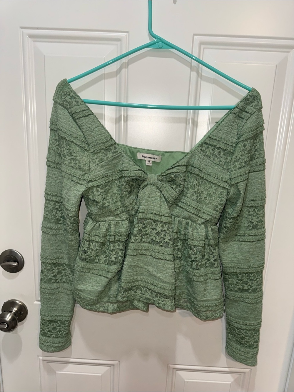 Francesca's Collections Sage Green Lace Peplum Top with Front Bow